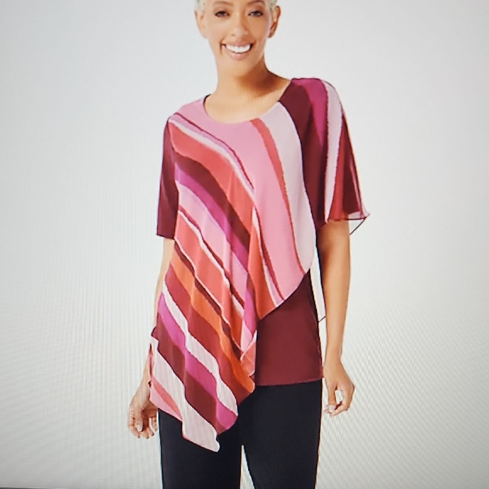 SUSAN GRAVER LIQUID KNIT Top with Printed Chiffon Overlay